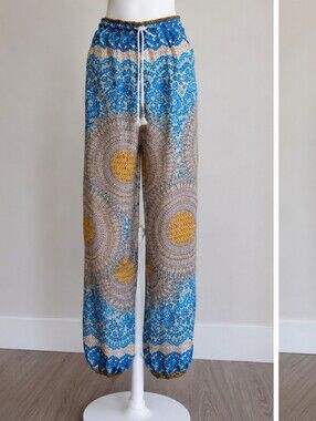 Straight Leg Bohemian Harem Print Pants in Blue and Mustard